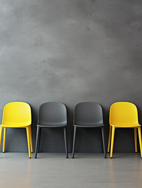 Foto drie stoelen in een rij één geel één geel en één geel