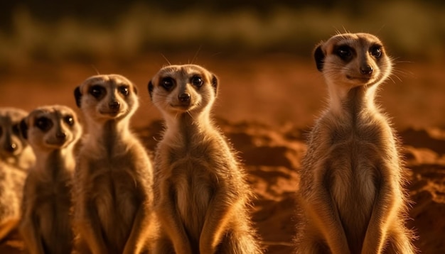 Drie stokstaartjes zitten in de woestijn en kijken naar de camera.