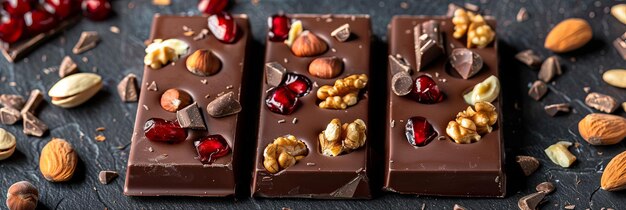 Foto drie stukken chocoladerepen met noten en cranberries, met rijke textuur en natuurlijke ingrediënten.