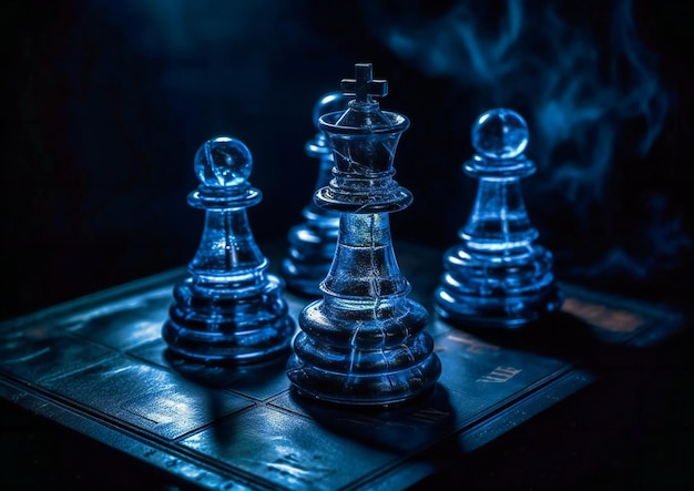 Drie stukken op een donker schaakbord