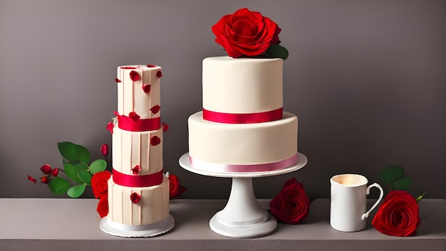 Drie taarten met een rood lint om de bovenkant en een rood lint om de bovenkant.