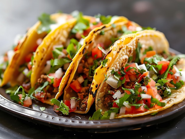 Foto drie taco's met verbazingwekkende details die hun smakelijke textuur en sappige tinten onthullen