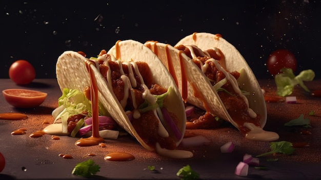 Drie taco's op een tafel met een zwarte achtergrond