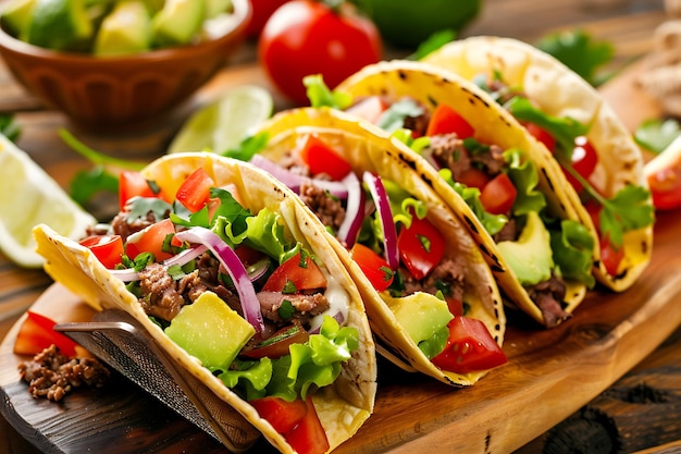 Drie taco's staan op een houten plank, waarvan de ene groen is en de andere lekker.