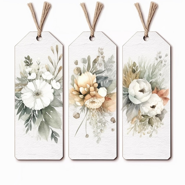 Drie tags met aquarelbloemen hangen aan een generatieve ai-snaar