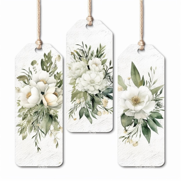 Drie tags met bloemen en bladeren eraan hangend aan een touw generatieve ai