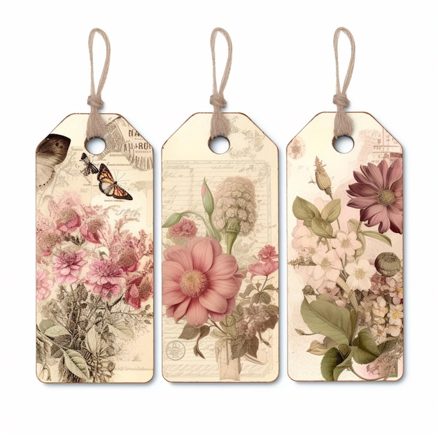 Drie tags met bloemen en vlinders hangen aan een touwtje generatieve ai