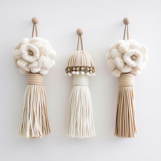 Drie tassels met bloemen en kralen hangen op een muur generatieve ai