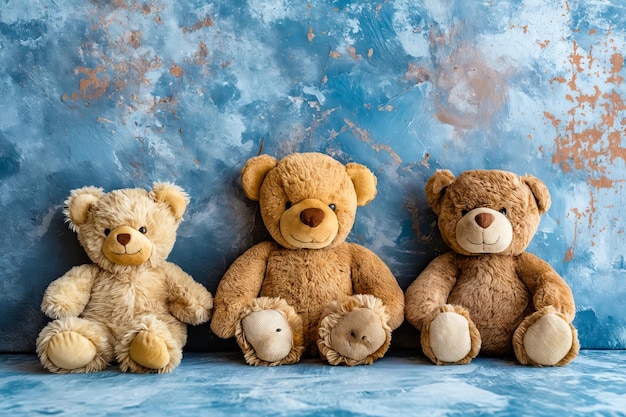 Drie teddyberen zitten op een blauwe achtergrond