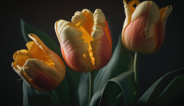 Drie tulpen op een rij met onderaan het woord tulpen.