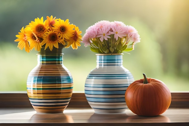 drie vazen met bloemen op een plank, waarvan één met een pompoen erop.