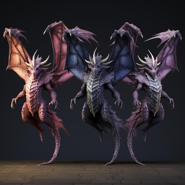 drie verschillend gekleurde drakenkoppen worden in een rij generatieve ai weergegeven