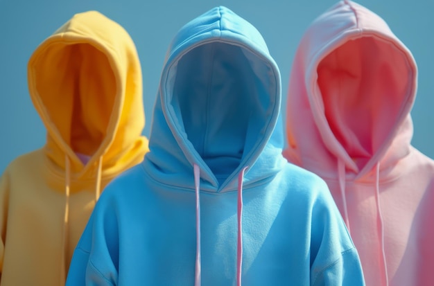 Foto drie verschillende gekleurde hoodies hangen aan een muur