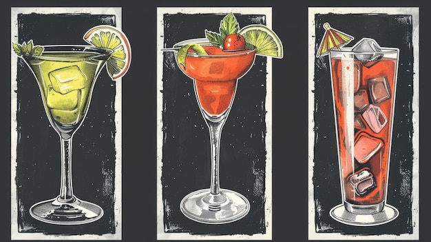 Foto drie verschillende soorten dranken worden weergegeven in een zwart-witte tekening de dranken zijn in glazen en bevatten een martini een margarita en een mojito de dranken worden versierd met fruit en ijs