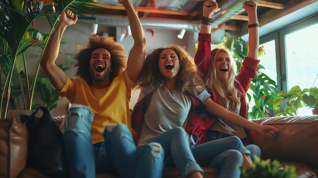 Drie verschillende vrienden zitten op een bank en juichen ze allemaal casual kleren aan en hebben hun armen in de lucht