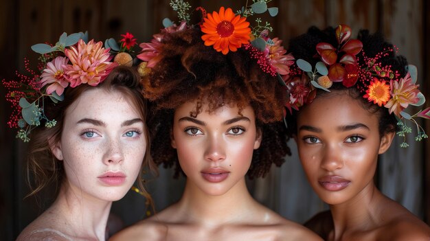 Foto drie verschillende vrouwen met bloemige hoofdstukken die samen poseren