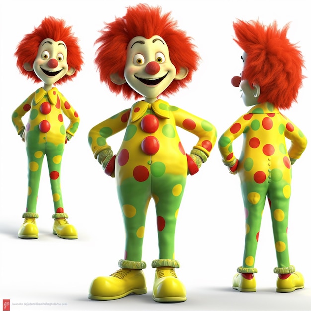 Drie verschillende weergaven van een clown met rood haar en groene broek generatieve ai