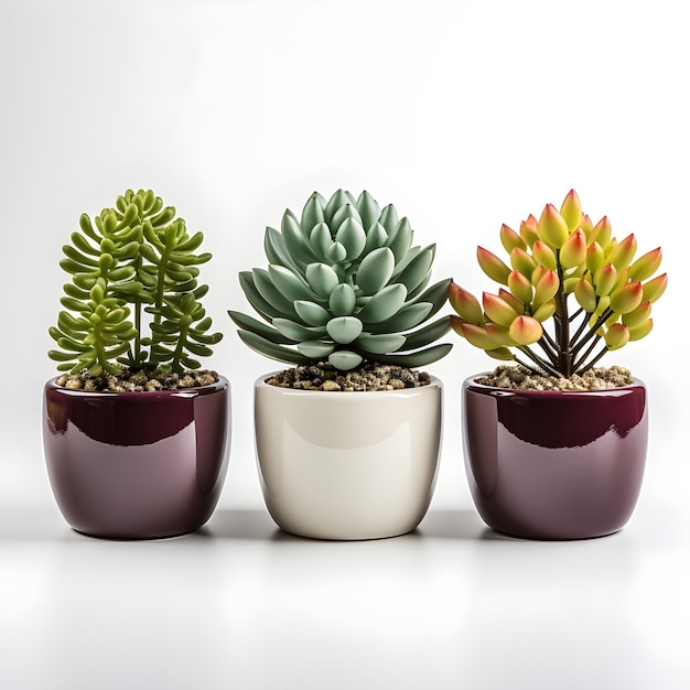 drie vetplanten in witte potten met witte achtergrond