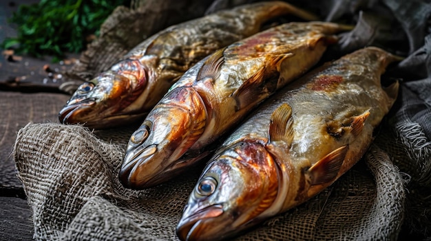 Drie vissen zitten op een met doek bedekte tafel