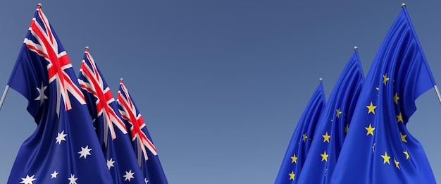 Drie vlaggen van de Europese Unie en Australië op vlaggenmasten aan de zijkanten Vlaggen op een blauwe achtergrond Plaats voor tekst EU Europa Canberra Oceanië Commonwealth 3D illustratie