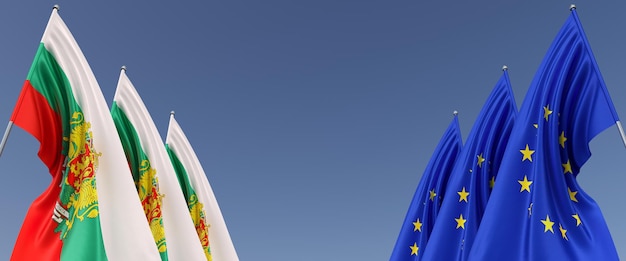 Drie vlaggen van de Europese Unie en Bulgarije op vlaggenmasten aan de zijkanten Vlaggen op een blauwe achtergrond Plaats voor tekst EU Europa vlag met wapenschild Sofia Commonwealth 3D illustratie
