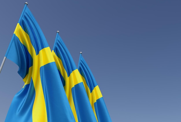 Drie vlaggen van Zweden op een vlaggenmast op een blauwe achtergrond Plaats voor tekst De vlag ontvouwt zich in de wind Zweeds Europa Stockholm 3D illustratie