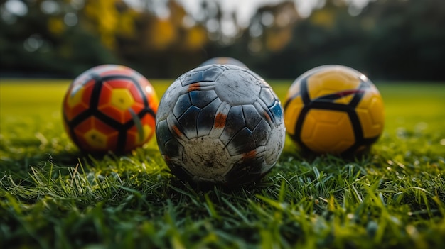 Drie voetbalballen op een weelderig groen veld