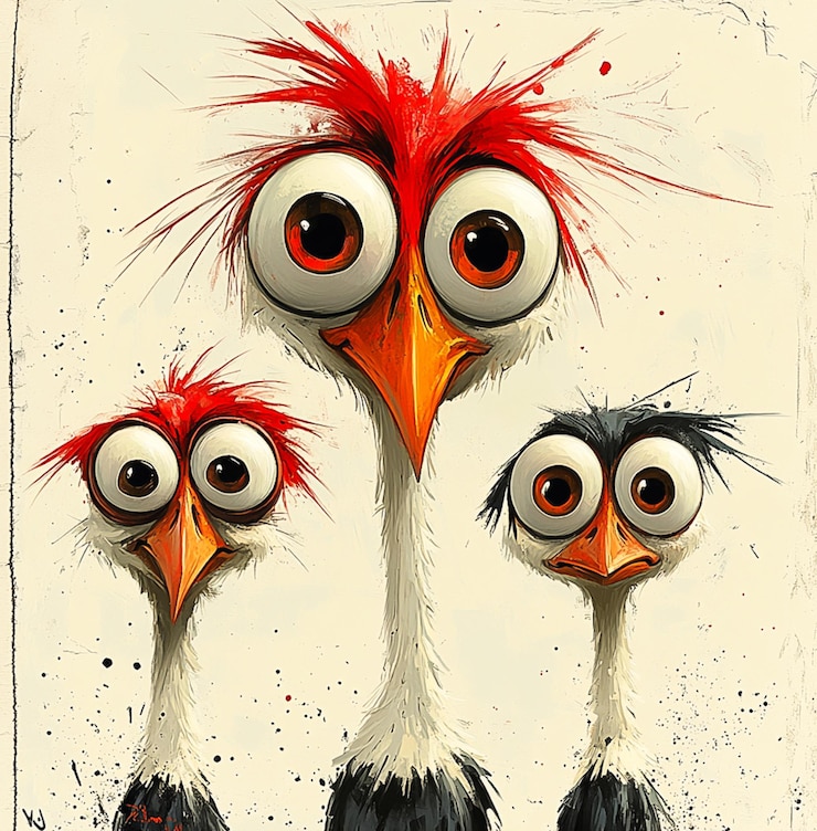 Foto drie vogels met grote ogen en een rode snavel.