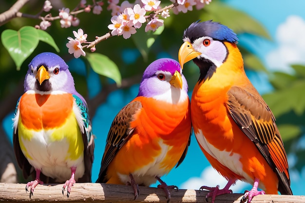 Drie vogels op een tak met roze bloemen op de achtergrond