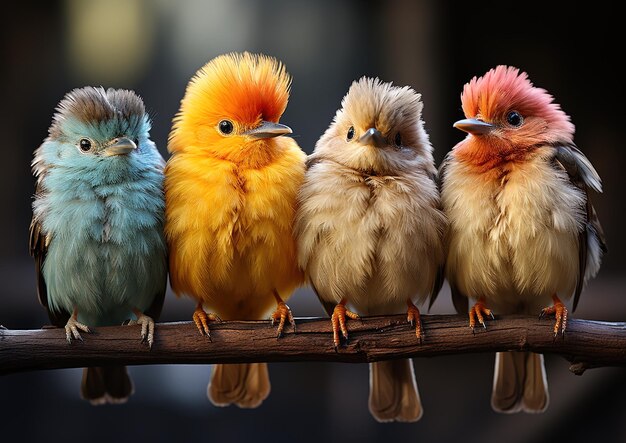 Foto drie vogels staan in een rij op een houten perch