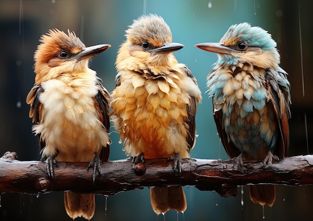 Foto drie vogels zitten op een tak met waterdruppels