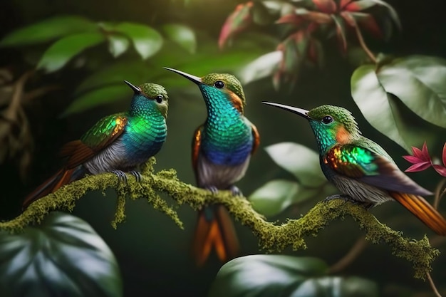 Drie vogels zittend op een tak met groene bladeren en de woorden "kolibrie" op de bodem.