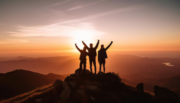 Drie vrienden die succes vieren bovenop een berg generatieve ai