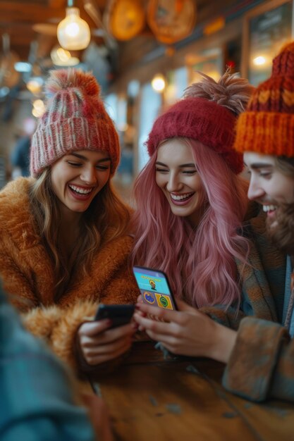 Drie vrienden kijken naar hun telefoons en lachen.