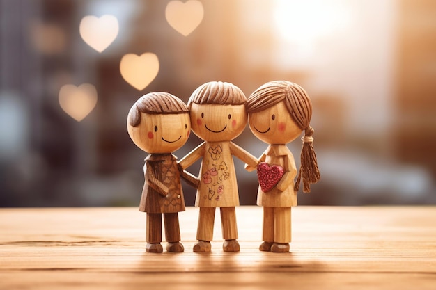 Drie vrienden met een hartvorm in de stijl van houtsnijwerk Bokeh achtergrond Vriendschap concept