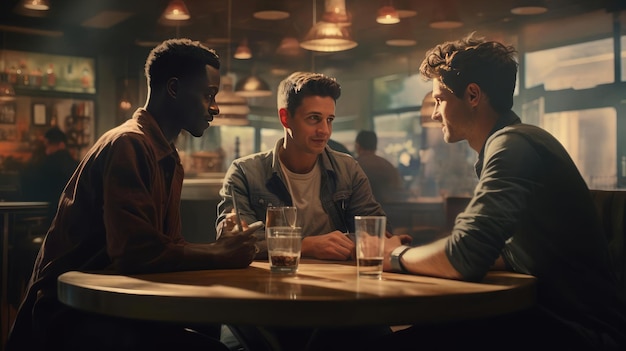 Drie vrienden praten in een café en glimlachen.
