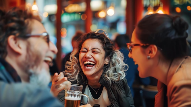 Foto drie vrienden zitten in een bar te lachen en bier te drinken ze dragen allemaal casual kleding en zien eruit alsof ze een leuke tijd hebben