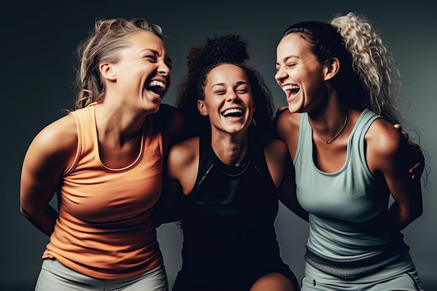 Drie vriendinnen lachen vrolijk in een sportstudio