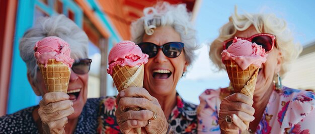 Foto drie vrolijke oudere vrouwen met een zonnebril genieten van roze ijsjes op een zonnige dag