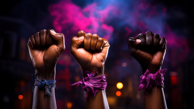 Drie vrouwelijke handen in een vuist verheffen het idee van solidariteit en de strijd voor rechten