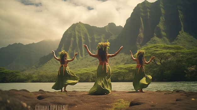 Drie vrouwen in groene rokken dansen op een generatieve ai strand