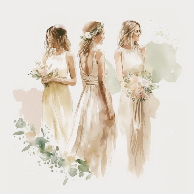 drie vrouwen in jurken staan in een rij met bloemen generatieve ai