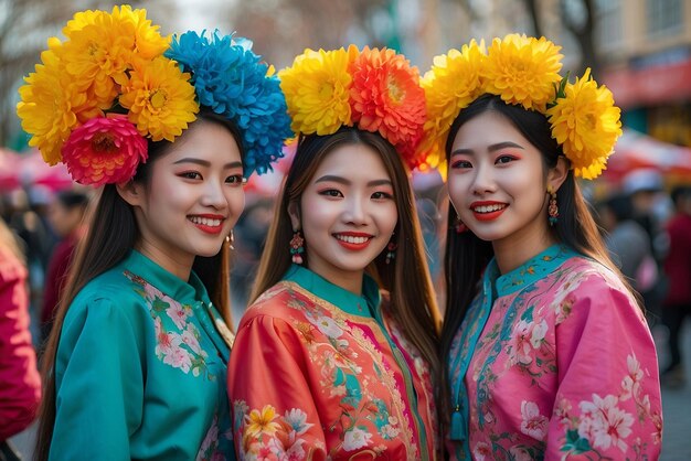 drie vrouwen in kleurrijke outfits met bloemen