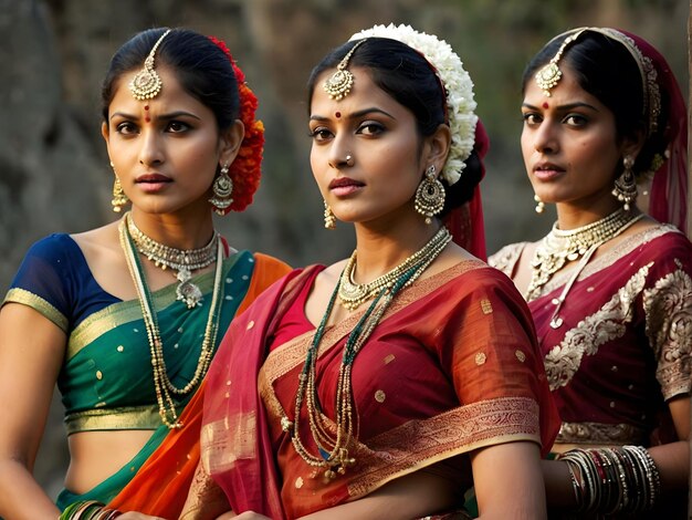 drie vrouwen in kleurrijke saris poseren voor een foto