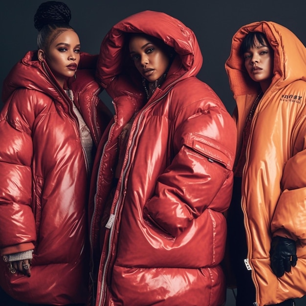 Drie vrouwen in rode puffers, één in een rood jasje met het woord "h" op de voorkant.