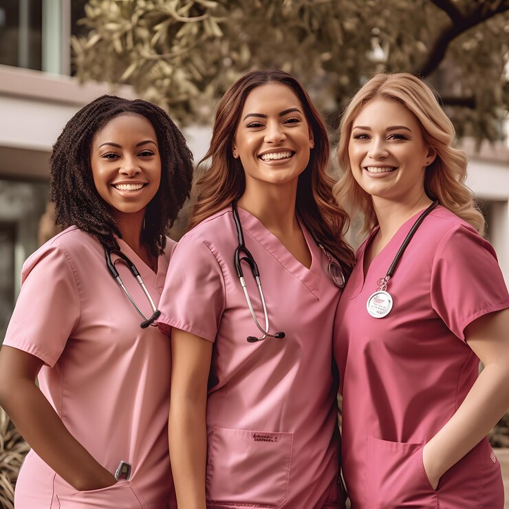 Drie vrouwen in roze scrubs staan voor een gebouw.