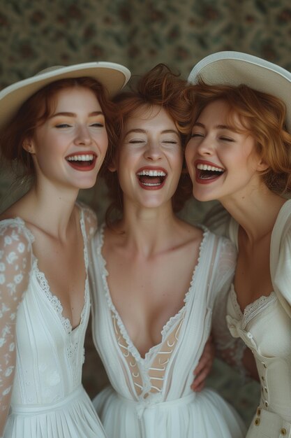 Foto drie vrouwen in witte jurken en hoeden lachen en lachen generatieve ai