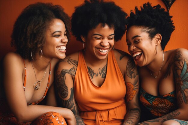 Drie vrouwen lachen en lachen samen voor een oranje achtergrond