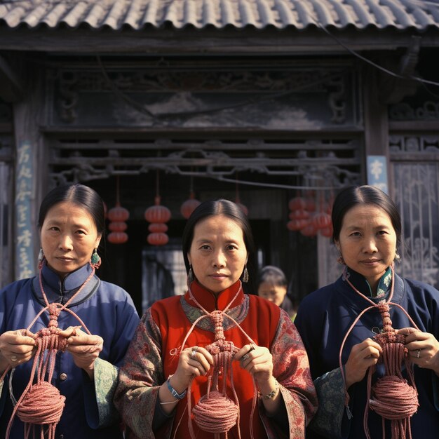 Foto drie vrouwen met garens voor een gebouw.