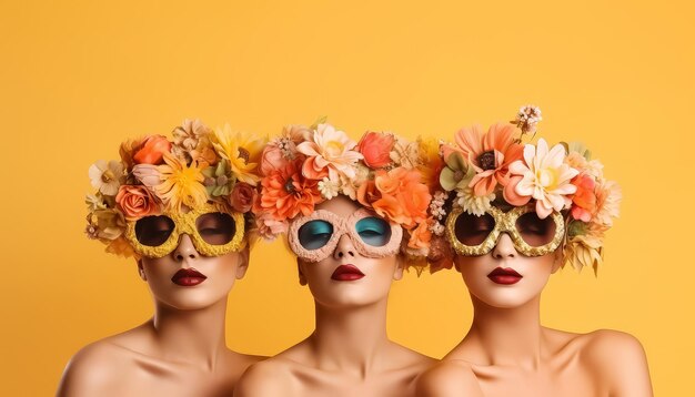 Drie vrouwen met kleurrijke make-up en bloemen hoofdstukken